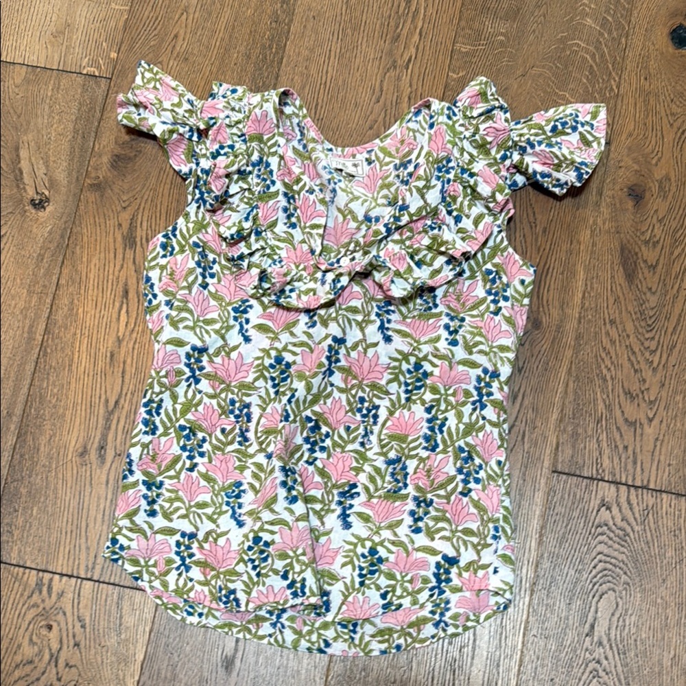 Pink and Green Flutter Sleeve Ruffled Blouse